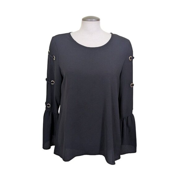 Spense Blouse Women Size Medium Black Split Long Bell Sleeve Grommet Accent - Picture 2 of 8